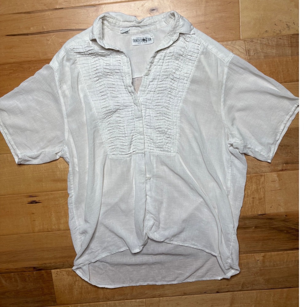 Vintage French Connection Button Down Women L White Pleated Bib Cotton Gauze Top